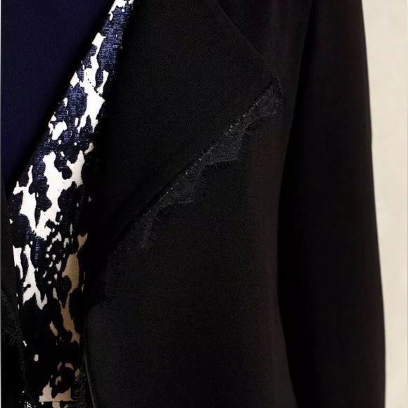Anthro Elevenses Black Eyelash Lace & Faux Leather Trim Draped Blazer Jacket - Picture 6 of 11